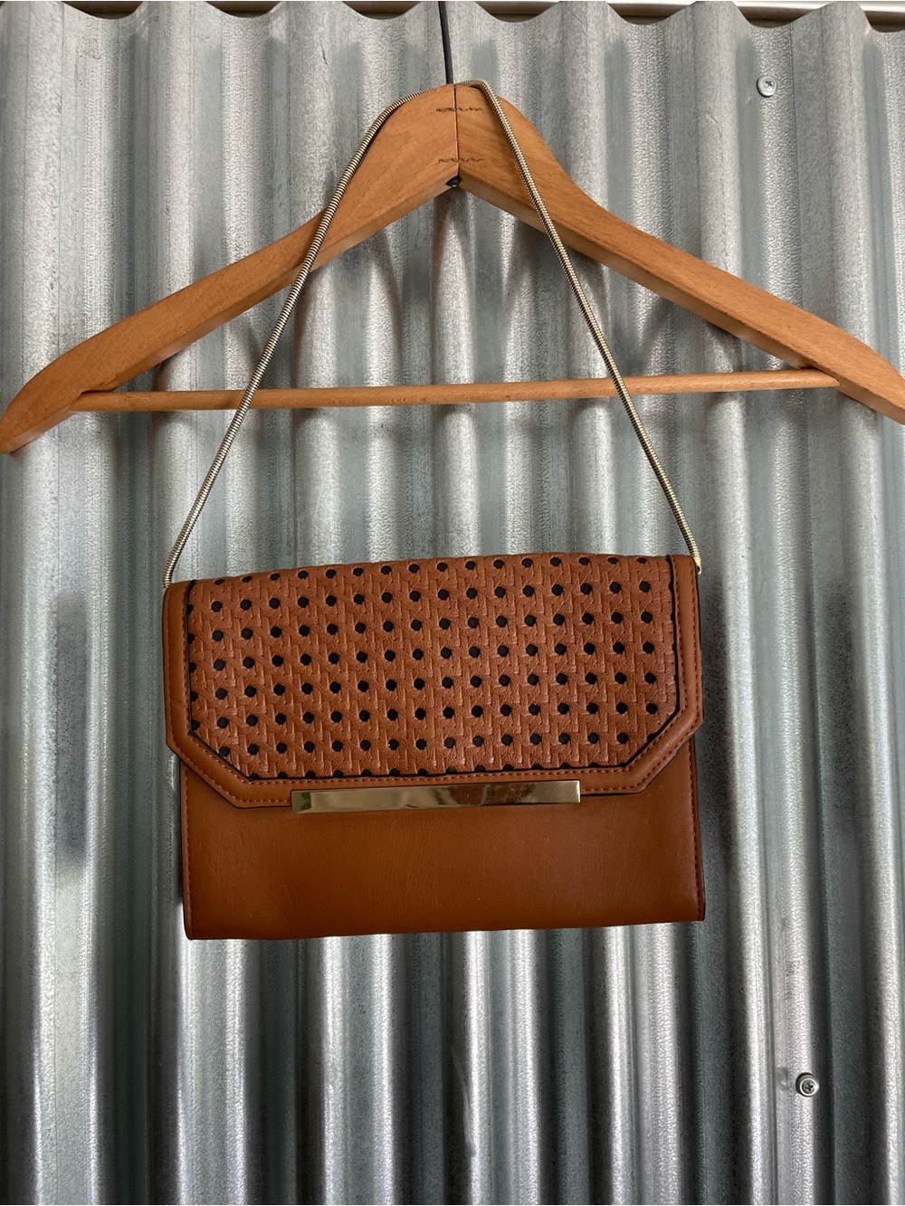 French Connection Cognac Perforated Crossbody Bag with Gold Bar